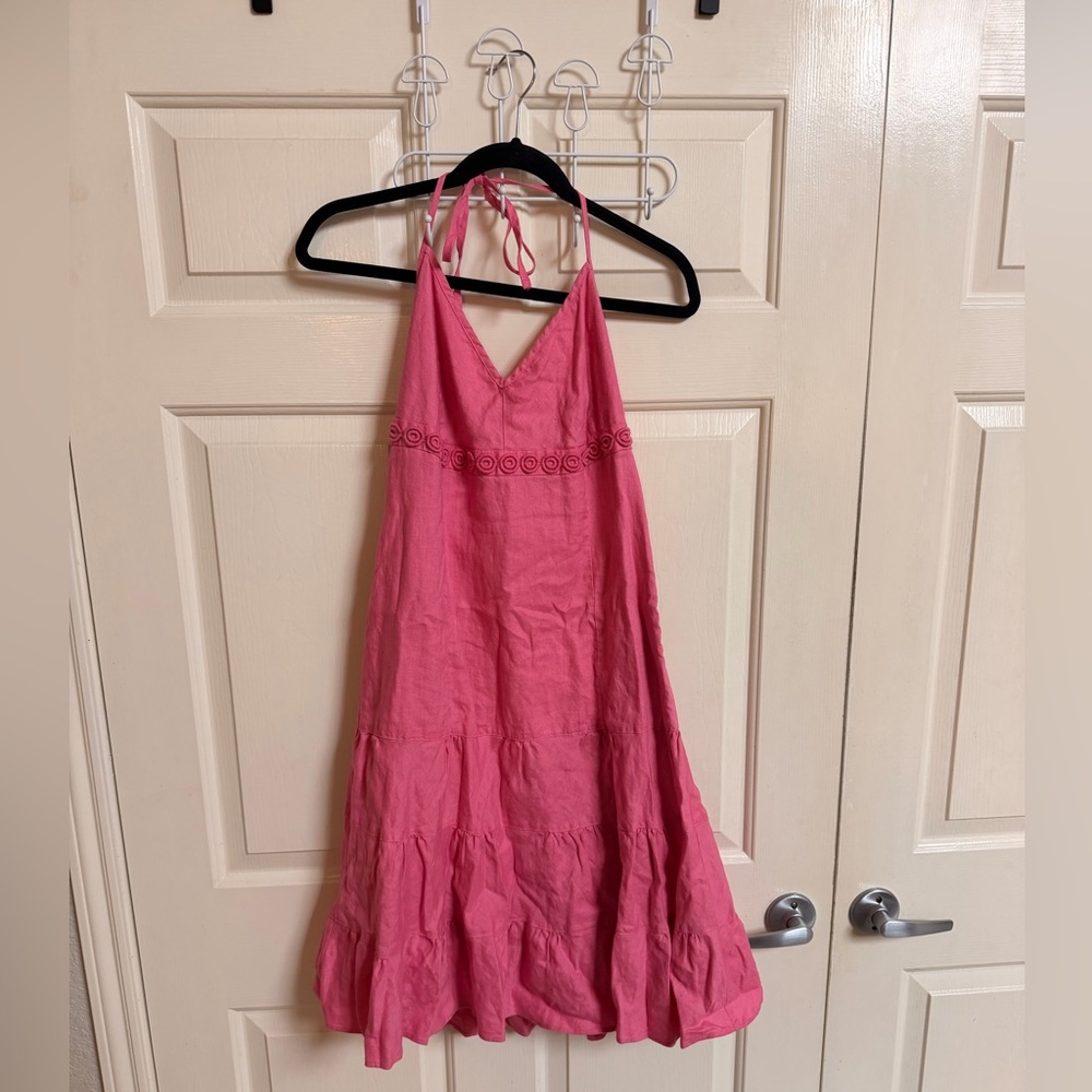 J. Crew 100% Linen Pink Halter Neck Tiered Sun Dress Coquette Cottage